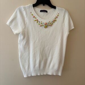 Elegant White Textured Top with Beaded Accents